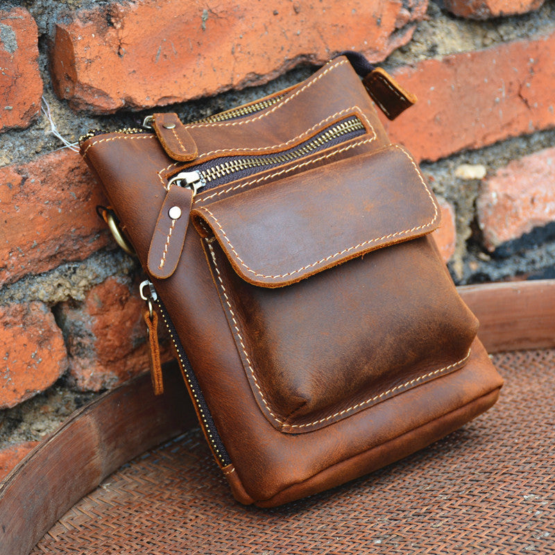 Vintage Brown Leather Men's Small Side Bag Belt Pouch Belt Bag Small Messenger Bag For Men