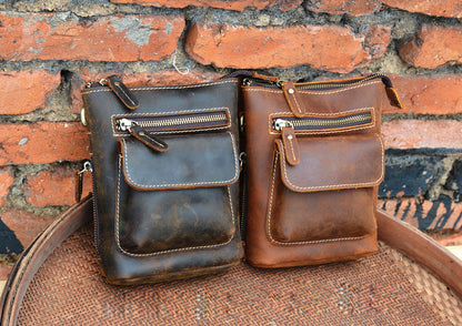 Vintage Brown Leather Men's Small Side Bag Belt Pouch Belt Bag Small Messenger Bag For Men