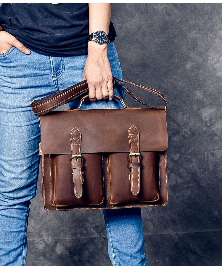 Vintage Leather Mens 14' Brown Laptop Briefcase Business Brown Briefcase For Men