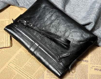 Handmade Leather Mens Clutch Cool Slim Wallet Zipper Clutch Wristlet Bag Wallet for Men