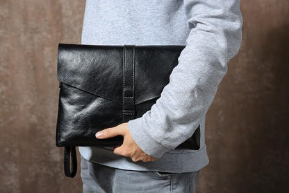 Handmade Leather Mens Clutch Cool Slim Wallet Zipper Clutch Wristlet Bag Wallet for Men