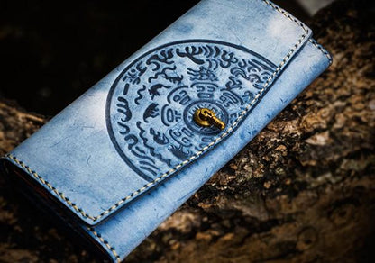 Handmade Leather Tooled Gray Women Envelope Vintage Leather Wallet Long Phone Clutch Wallets for Women