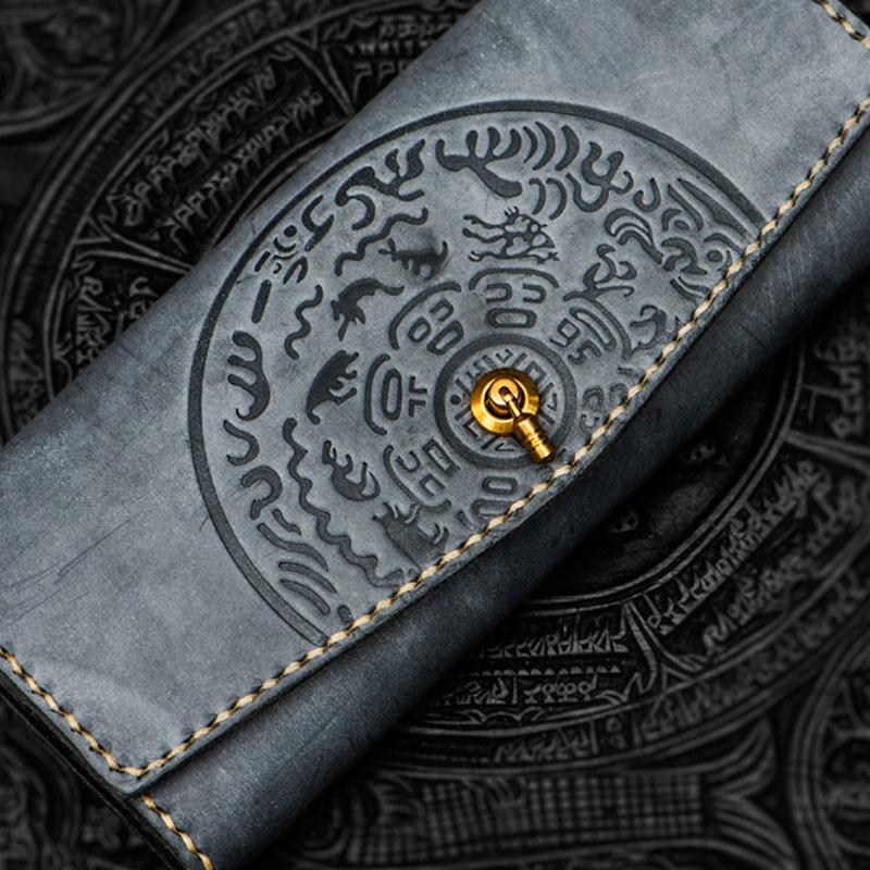 Handmade Leather Tooled Gray Women Envelope Vintage Leather Wallet Long Phone Clutch Wallets for Women