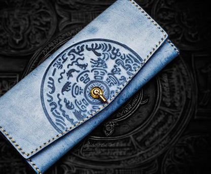 Handmade Leather Tooled Gray Women Envelope Vintage Leather Wallet Long Phone Clutch Wallets for Women