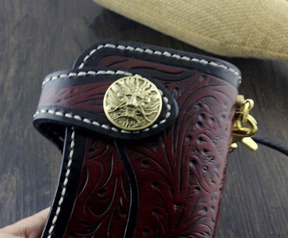 Handmade Tooled Leather Men's Biker Wallet Motorcycle Wallet Long Wallet with Chain For Men