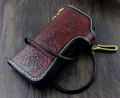 Handmade Tooled Leather Men's Biker Wallet Motorcycle Wallet Long Wallet with Chain For Men