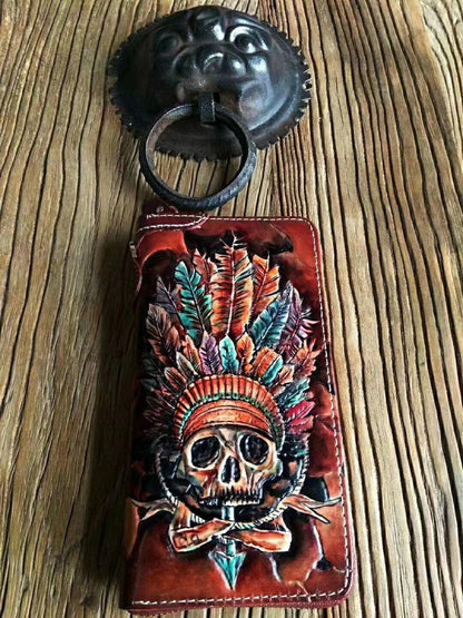 Handmade Leather Mens Biker Chain Wallet Cool Indian Skull Tooled Zipper Chain Wallet Biker Wallets for Men