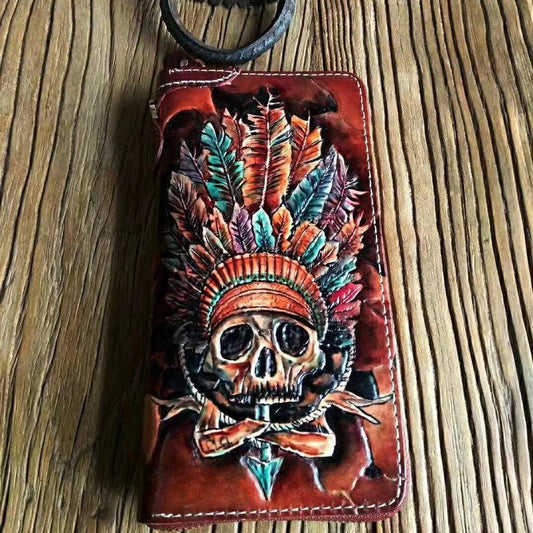 Handmade Leather Mens Biker Chain Wallet Cool Indian Skull Tooled Zipper Chain Wallet Biker Wallets for Men