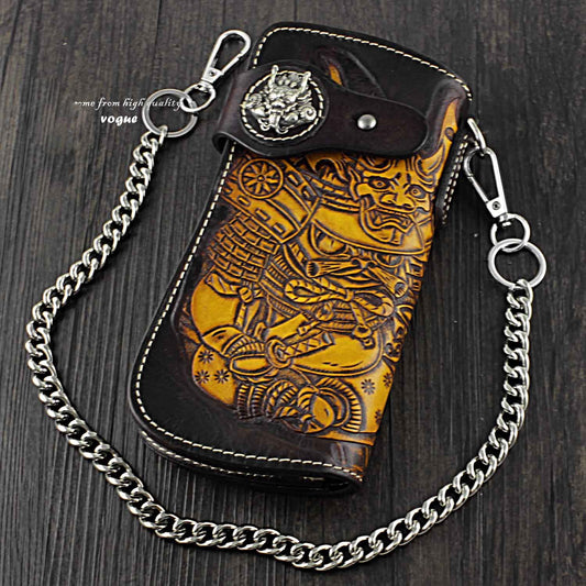 Japanese Ghost Tooled Leather Men's Biker Wallet Chain Wallet Long Wallet with Chain For Men