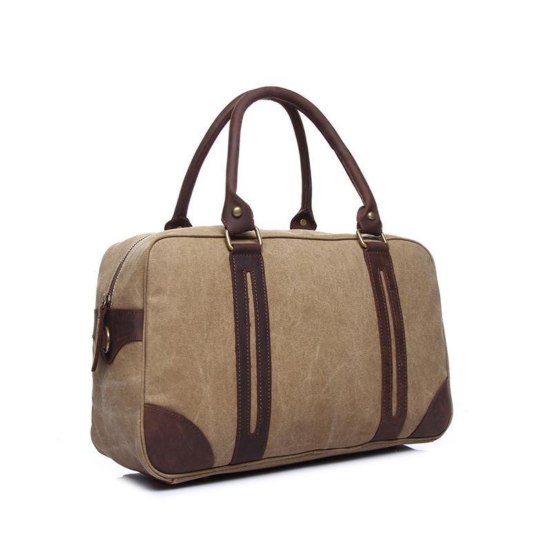 Khaki Leather Canvas Mens Weekender Bag Casual Travel Handbag Canvas Duffle Bag for Men