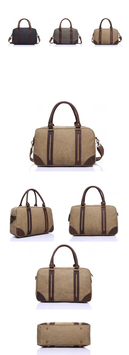 Khaki Leather Canvas Mens Weekender Bag Casual Travel Handbag Canvas Duffle Bag for Men