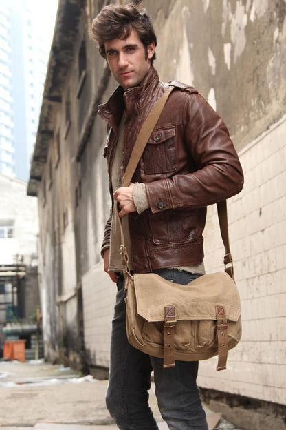 Khaki Canvas Messenger Bag Khaki Canvas Shoulder Bag Mens Cycling Bag For Men