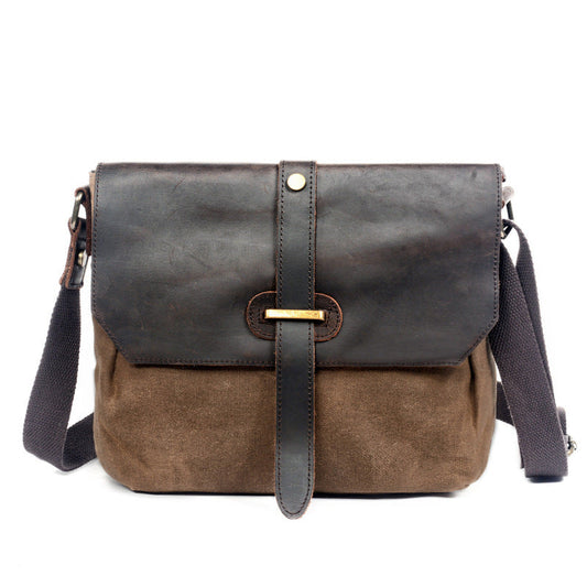 Khaki Leather Canvas Shoulder Bag Mens Cycling Khaki Canvas Small Messenger Bag For Men