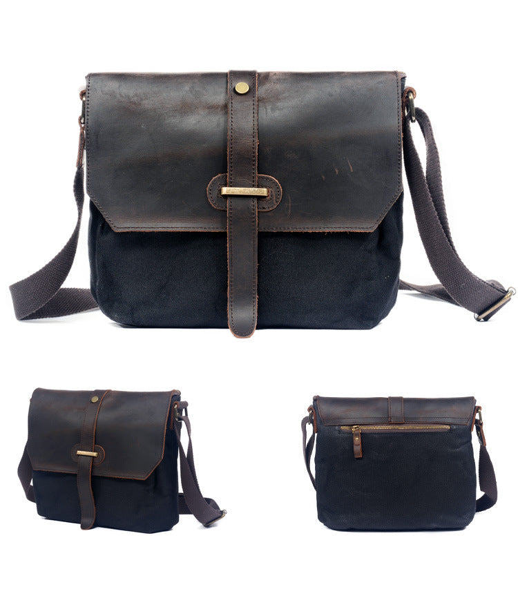 Black Leather Canvas Shoulder Bag Mens Cycling Black Canvas Small Messenger Bag For Men