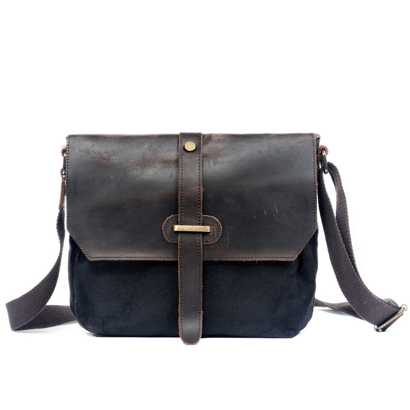 Black Leather Canvas Shoulder Bag Mens Cycling Black Canvas Small Messenger Bag For Men