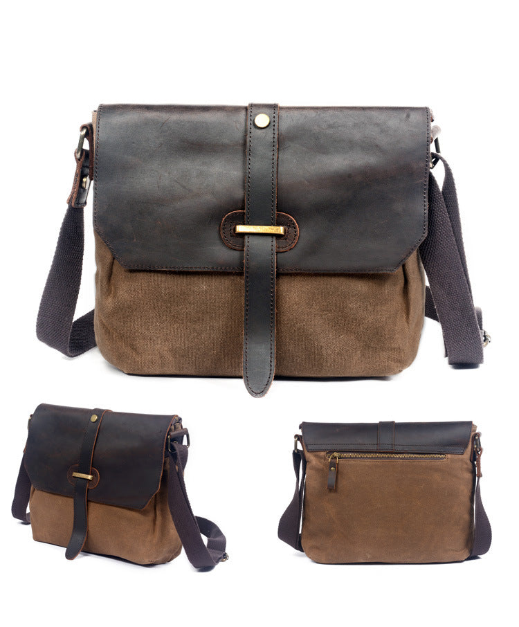 Khaki Leather Canvas Shoulder Bag Mens Cycling Khaki Canvas Small Messenger Bag For Men