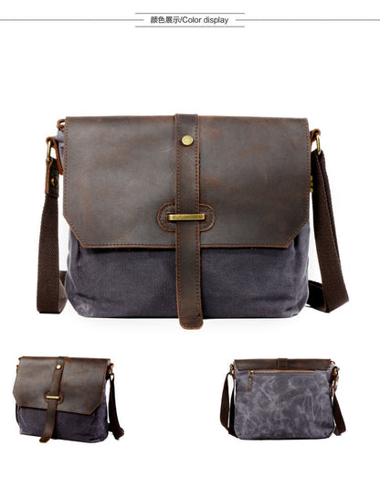 Gray Leather Canvas Shoulder Bag Mens Cycling Gray Canvas Small Messenger Bag For Men