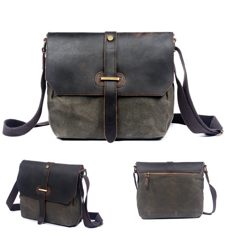 Green Leather Canvas Shoulder Bag Mens Cycling Green Canvas Small Messenger Bag For Men