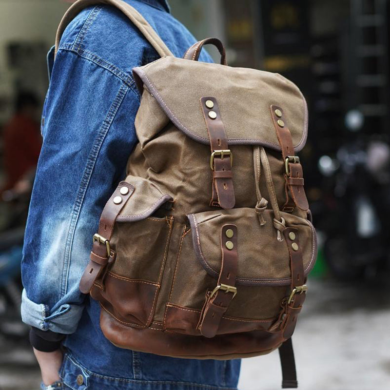 Khaki Waxed Canvas Travel Backpack Canvas Mens Khaki Laptop Backpack Hiking Backpack For Men