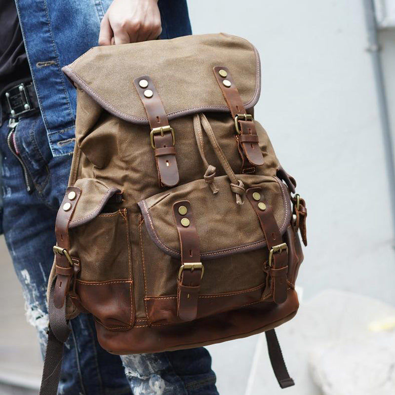 Khaki Waxed Canvas Travel Backpack Canvas Mens Khaki Laptop Backpack Hiking Backpack For Men