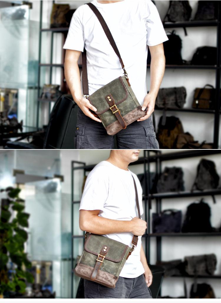 Khaki Waxed Canvas Vertical Side Bag Messenger Bag Mens Cycling Khaki Canvas Messenger Bag For Men