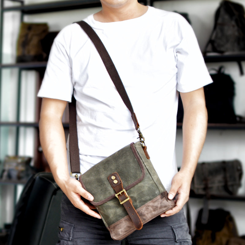 Khaki Waxed Canvas Vertical Side Bag Messenger Bag Mens Cycling Khaki Canvas Messenger Bag For Men