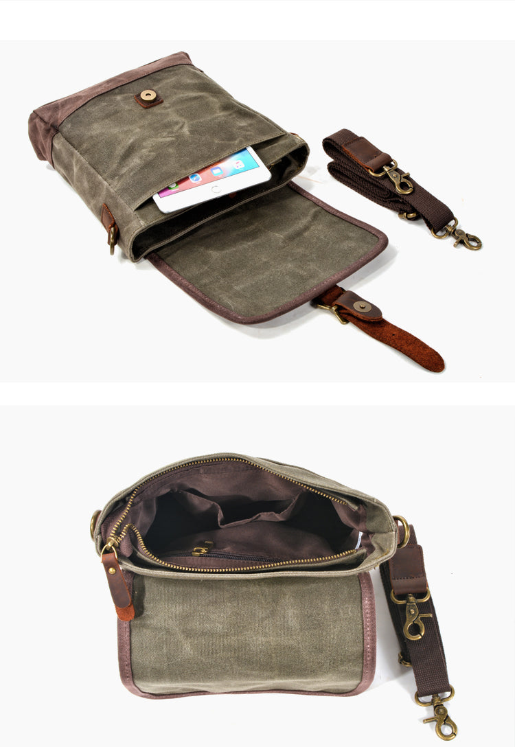 Khaki Waxed Canvas Vertical Side Bag Messenger Bag Mens Cycling Khaki Canvas Messenger Bag For Men