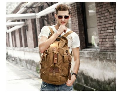 Khaki CANVAS Barrel MENS 20'' Bucket BACKPACK Brown Travel Backpack Khaki One Shoulder Hiking Bag For Men FOR MEN