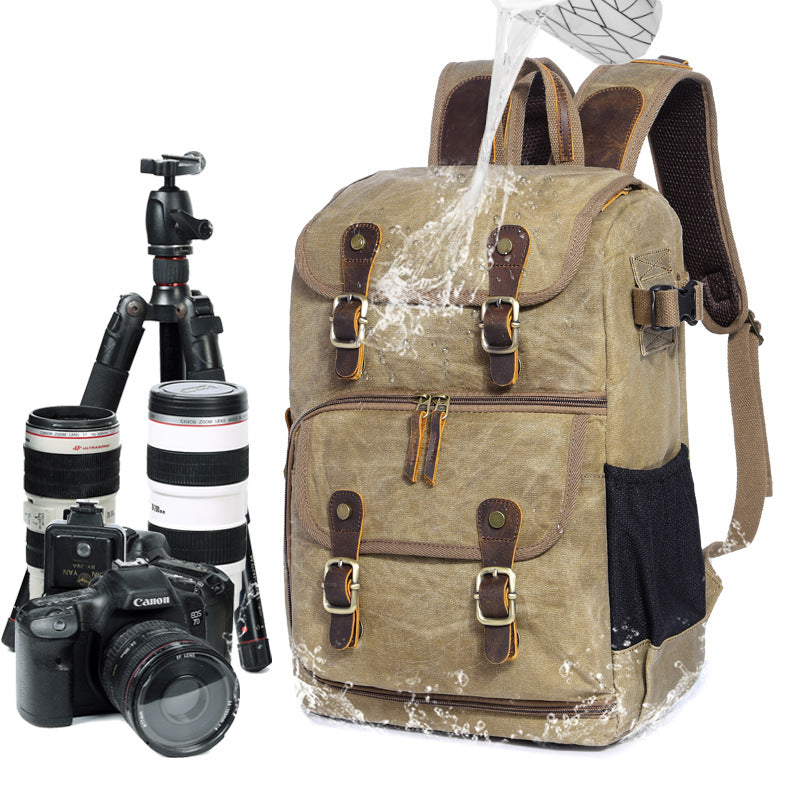 Khaki Canvas Waterproof Mens 15'' Canon Camera Backpack Large Nikon DSLR Camera Bag For Men