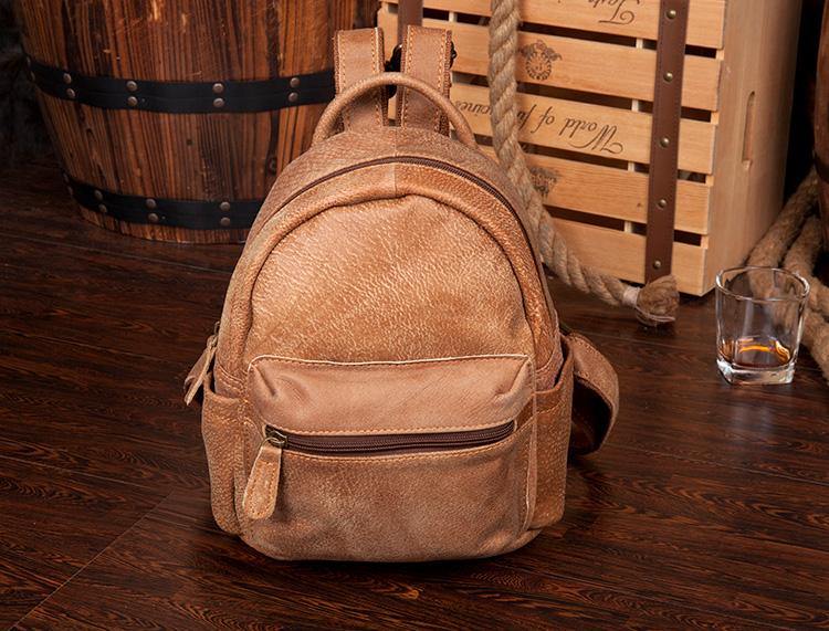 Khaki Fashion Mens Leather Small Travel Backpacks Cute College Backpacks School Backpack for men