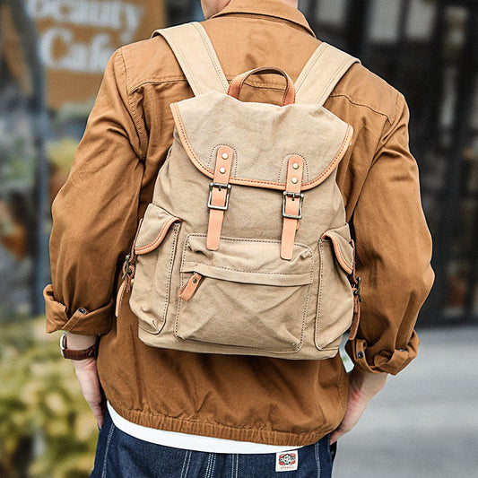 Khaki Retro Canvas Mens Womens Travel Backpack College Backpack Green Canvas School Backpack For Men