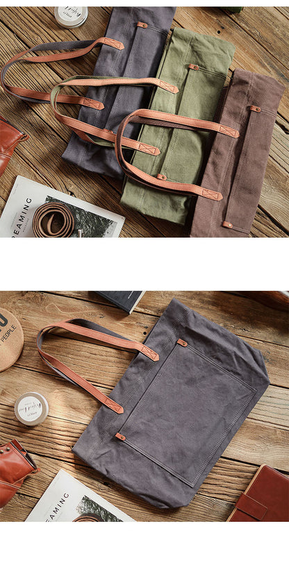 Khaki Vintage Canvas Men Womens Large Tote Bag Green Canvas Shoulder Tote Bag Shopper Tote For Men