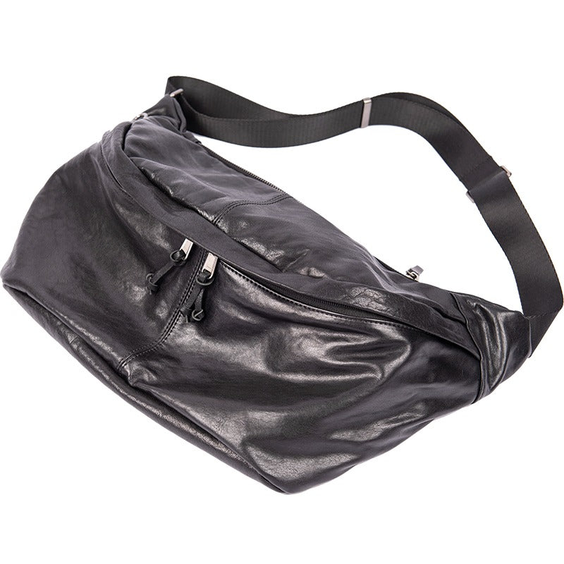 Large Leather Fanny Pack Men's Black Chest Bag Hip Pack 12¡®¡¯ Ipad Waist Bag For Men