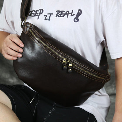 Large Coffee Leather Fanny Pack Men's Black Sling Bag Hip Bag 8 inches Waist Bag For Men