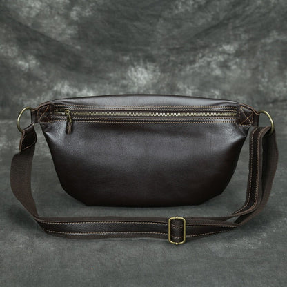 Large Coffee Leather Fanny Pack Men's Black Sling Bag Hip Bag 8 inches Waist Bag For Men