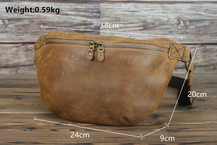 Large Coffee Leather Fanny Pack Men's Black Sling Bag Hip Bag 8 inches Waist Bag For Men