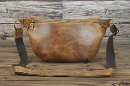 Large Coffee Leather Fanny Pack Men's Black Sling Bag Hip Bag 8 inches Waist Bag For Men