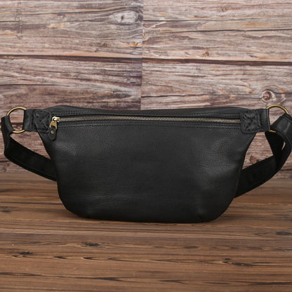 Large Coffee Leather Fanny Pack Men's Black Sling Bag Hip Bag 8 inches Waist Bag For Men