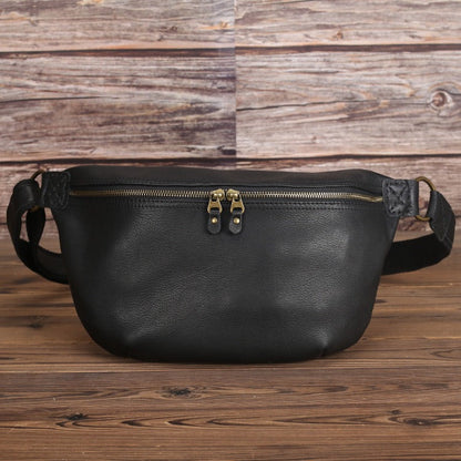 Large Coffee Leather Fanny Pack Men's Black Sling Bag Hip Bag 8 inches Waist Bag For Men