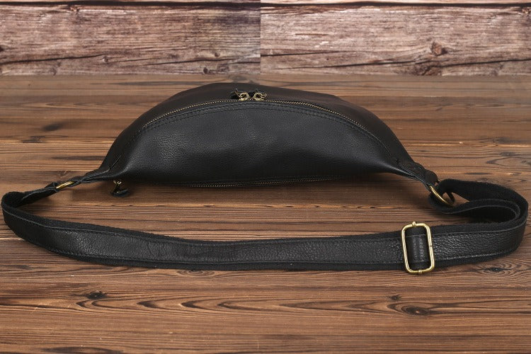 Large Coffee Leather Fanny Pack Men's Black Sling Bag Hip Bag 8 inches Waist Bag For Men