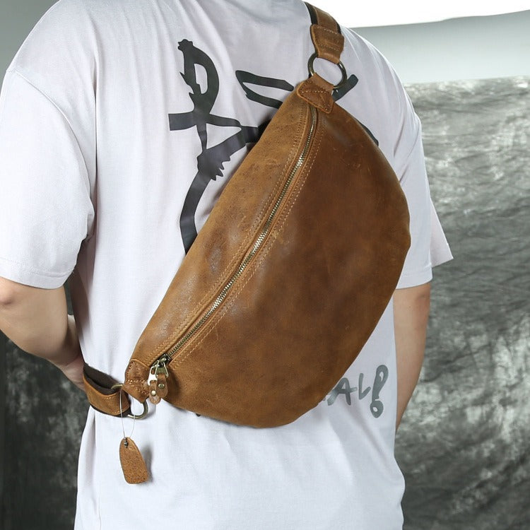 Large Coffee Leather Fanny Pack Men's Black Sling Bag Hip Bag 8 inches Waist Bag For Men