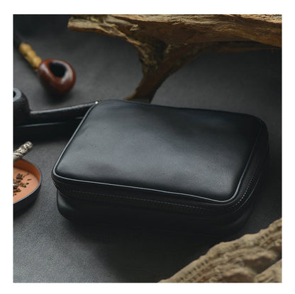 Black Leather Mens Leather 4pcs Tobacco Pipe Case Zipper Tobacco Pipe Case for Men