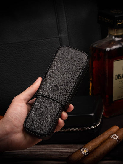 Classic Black Leather 2pcs Cigar Case Cool Leather Cigar Case for Men