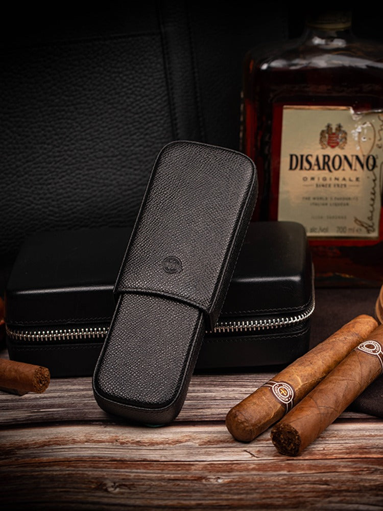 Classic Black Leather 2pcs Cigar Case Cool Leather Cigar Case for Men