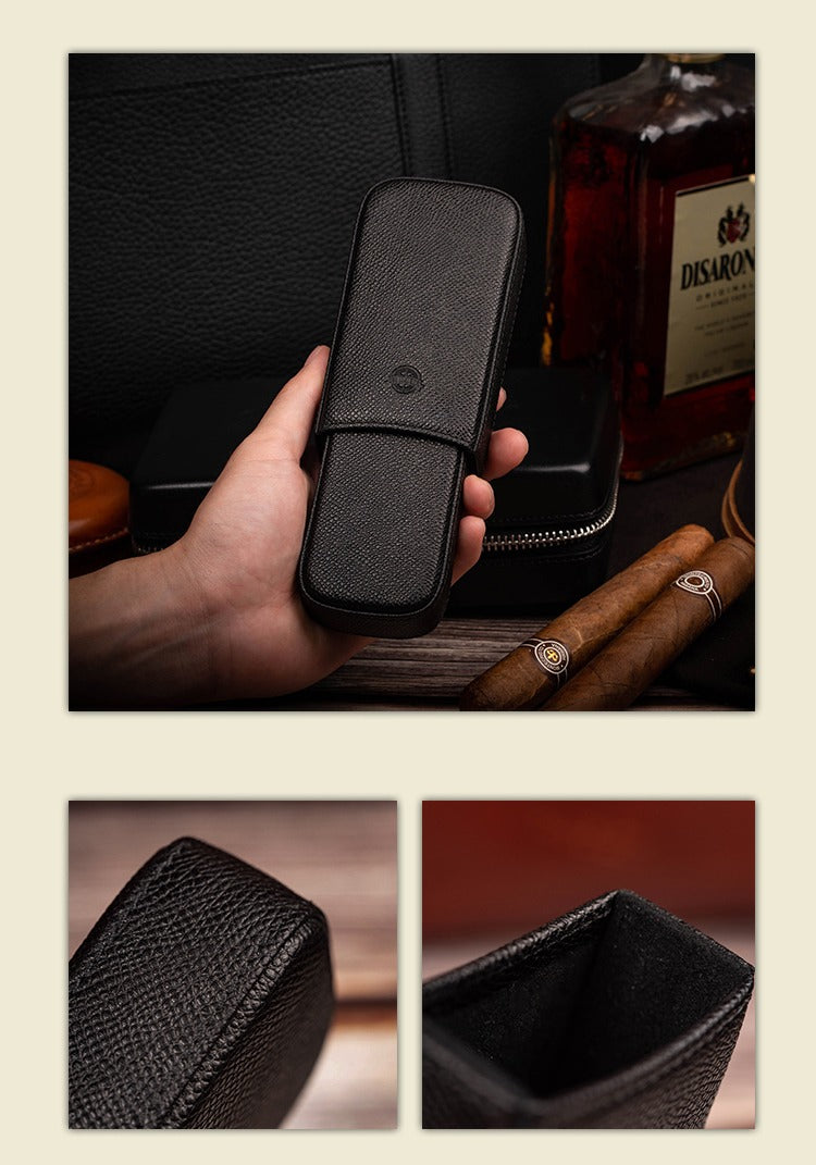 Classic Black Leather 2pcs Cigar Case Cool Leather Cigar Case for Men