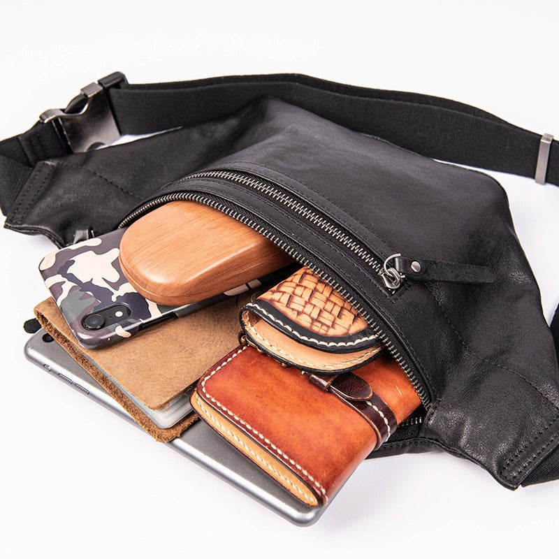 Leather Fanny Pack Men's Black Chest Bag Hip Pack Ipad Black Mini Waist Bag For Men