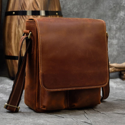 Brown Leather Men's Vertical Messenger Bag Coffee Side Bag Vertical Shoulder Bag For Men