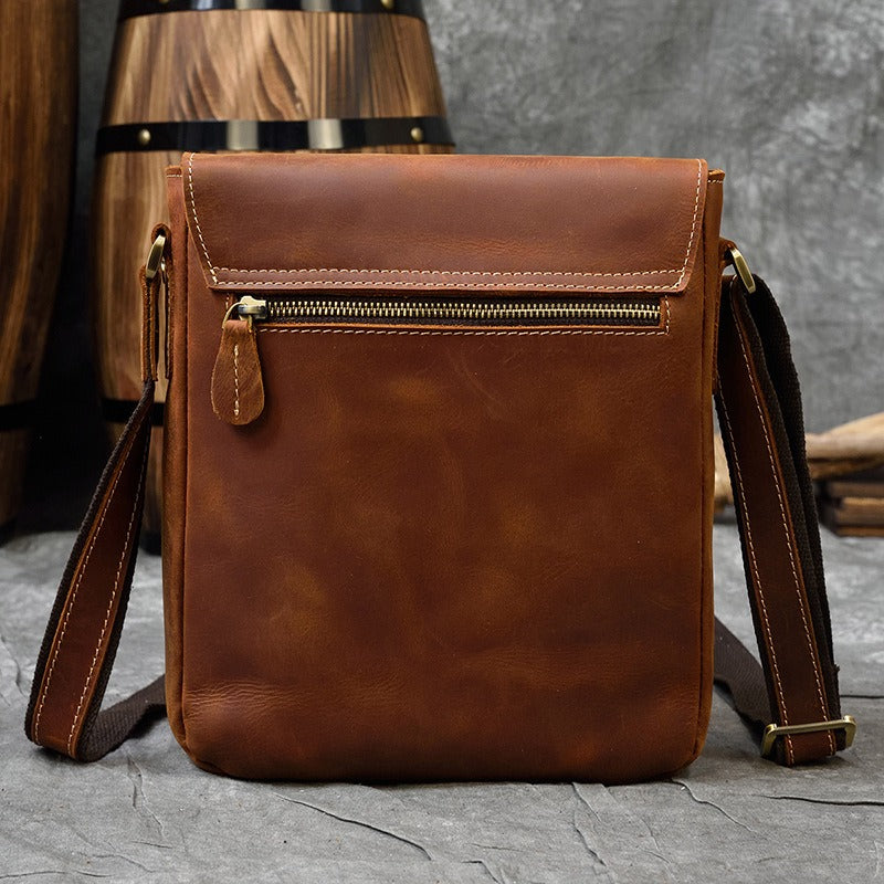 Brown Leather Men's Vertical Messenger Bag Coffee Side Bag Vertical Shoulder Bag For Men