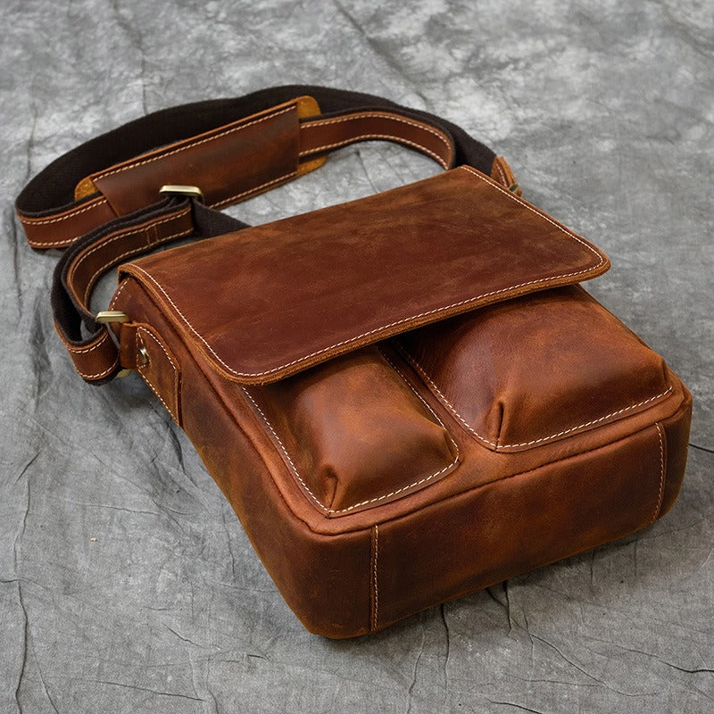 Brown Leather Men's Vertical Messenger Bag Coffee Side Bag Vertical Shoulder Bag For Men