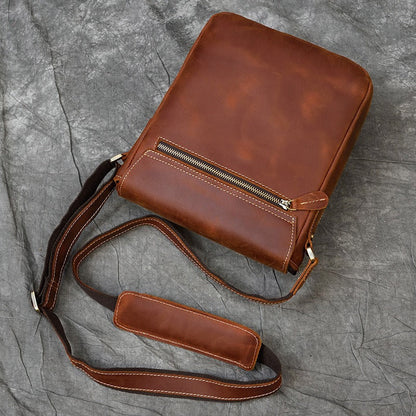 Brown Leather Men's Vertical Messenger Bag Coffee Side Bag Vertical Shoulder Bag For Men